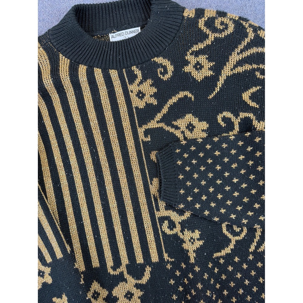 Alfred Dunner Sweater Women Large Black Gold Metallic Vintage Patchwork Knit USA